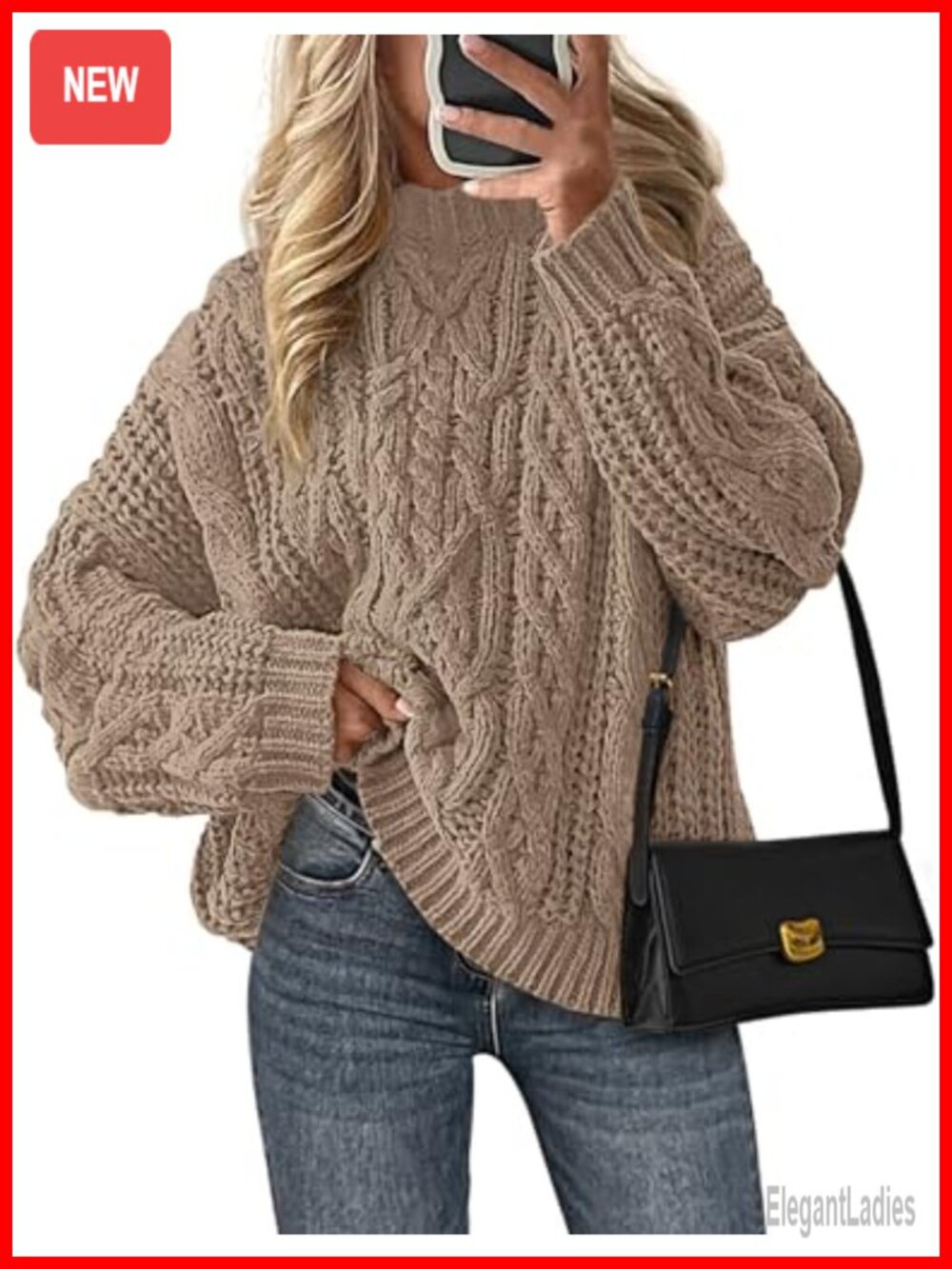 Oversized Chunky Cable Knit Sweater Crew Neck Pullover Long Sleeve